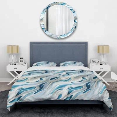 Design Art Blue And White Snowy Serenity - Abstract Duvet Cover Set - Microfiber Polyester In Blue;white