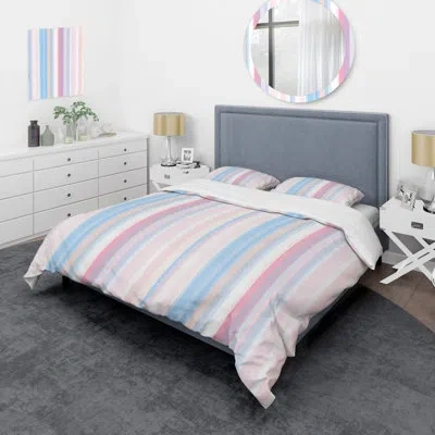 Design Art Blue And White Striped Pattern - Abstract Duvet Cover Set - Microfiber Polyester In Pink,blue