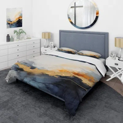 Design Art Blue And Yellow Fluid Painting - Abstract Painting Duvet Cover Set In Blue;yellow