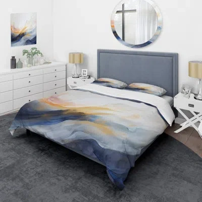 Design Art Blue And Yellow Marble Storm Iii - Abstract Painting Duvet Cover Set In Blue;yellow