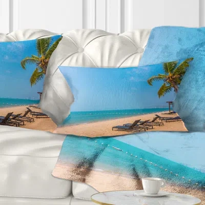 Design Art Blue Beach With Palm Trees - Beaches Printed Pillow