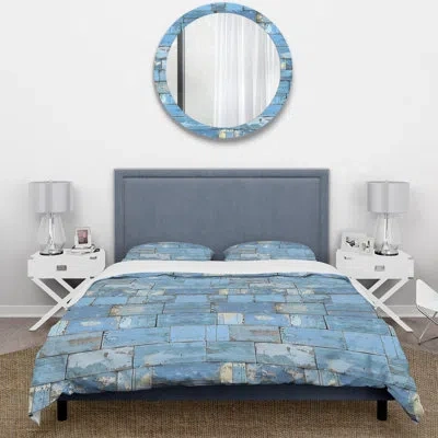 Design Art Blue Beige Country Rustic Wood Ii - Country Duvet Cover Set In Blue;beige