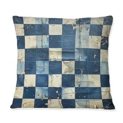 Design Art Blue Beige Midcentury Gingham Iii - Midcentury Throw Pillow In Blue;beige