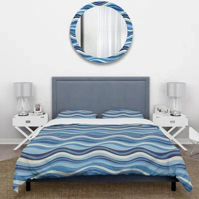 Design Art Blue Beige Midcentury Waves Iii - Midcentury Duvet Cover Set In Blue;beige