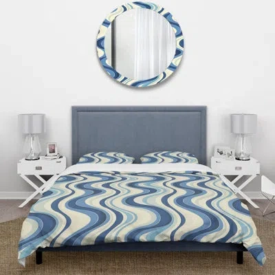 Design Art Blue Beige Midcentury Waves - Midcentury Duvet Cover Set In Blue;beige