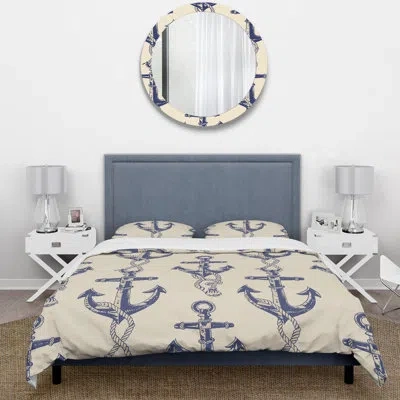 Design Art Blue Beige Nautical Anchor - Nautical Duvet Cover Set In Blue;beige