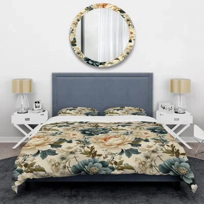 Design Art Blue Beige Vintage Chic Flower Pattern Ii - Floral Duvet Cover Set - Microfiber Polyester In Blue;beige