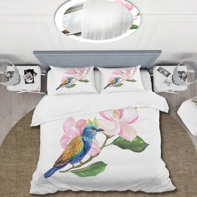 Design Art Blue Bird Sitting On A Pink Sprig Of Magnolia - Traditional Duvet Cover Set - Microfiber Polyester In White;pink