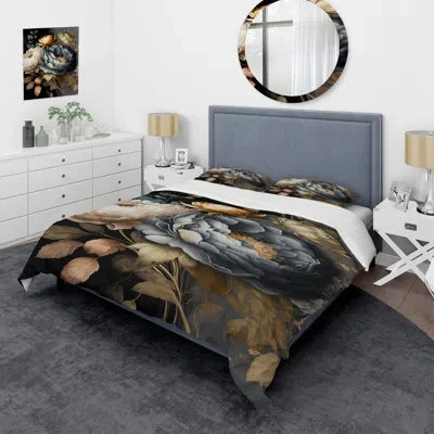 Design Art Blue Blooming Bouquet Iii - Floral Bouquet Duvet Cover Set - Microfiber Polyester In Blue;gold