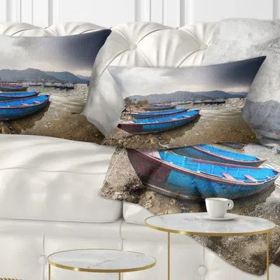 Design Art Blue Boats In Pokhara Lake - Boats Printed Throw Pillow