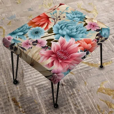 Design Art Blue Boho Floral Harmony Dreams - Floral Rectangle Ottoman
