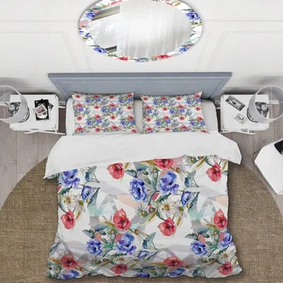 Design Art Blue Bouquet Flower And Green Leaf - Cabin & Lodge Duvet Cover Set In Blue,pink,white