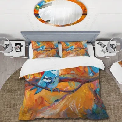 Design Art Blue Cerulean Warbler Bird On A Branch - Traditional Duvet Cover Set - Microfiber Polyester In Orange