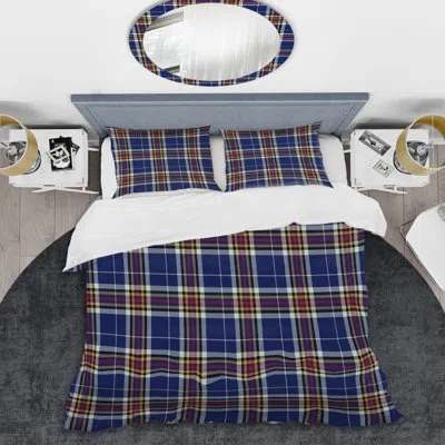 Design Art Blue Checked Tartan - Abstract Duvet Cover Set - Microfiber Polyester In Blue,brown