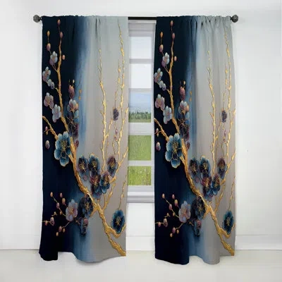 Design Art Blue Cherry Blossom Branch Ii - Tree Bonsai Curtain - Blackout Floral Curtain - 1 Panels In Blue;gold