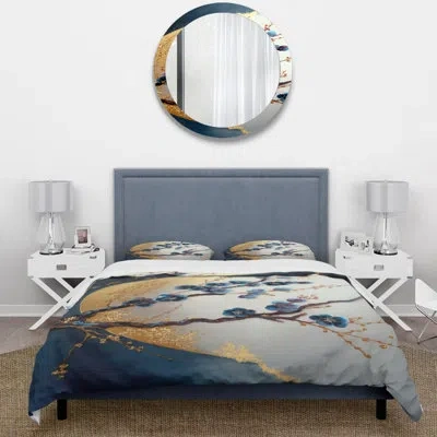 Design Art Blue Cherry Blossom Branch Iv Microfiber / Polyester Duvet Cover Setmicrofiber / Polyester Duvet Cov In Blue;gray;gold