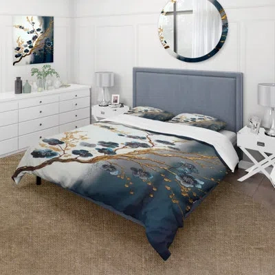 Design Art Blue Cherry Blossom Branch V Microfiber / Polyester Duvet Cover Setmicrofiber / Polyester Duvet Cove In Blue;gold