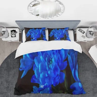 Design Art Blue Chrysanthemum Flowers On Black Ii - Traditional Duvet Cover Set - Microfiber Polyester In Blue,black