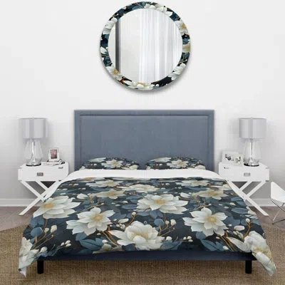 Design Art Blue Coastal Blossoms Floral Pattern Iv Duvet Cover Set