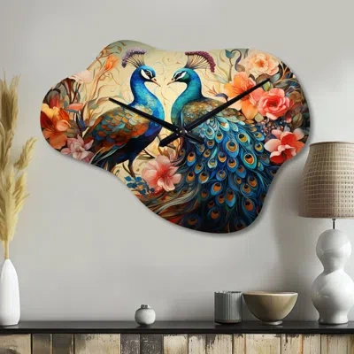 Design Art Blue Coral Indian Art Dancing Peacocks I - Indian Art Asymmetrical Metal Wall Clock, Blue Cloud Cloc In Blue;orange
