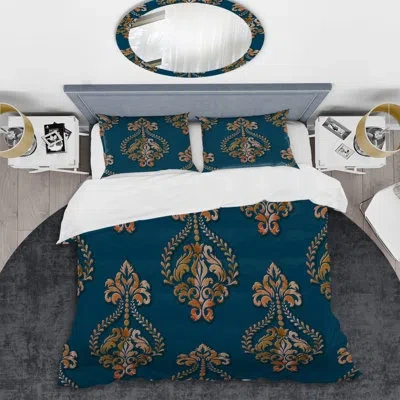Design Art Blue Damask - Abstract Duvet Cover Set - Microfiber Polyester In Blue;brown