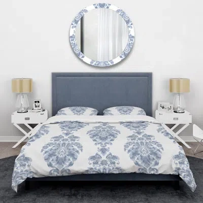 Design Art Blue Damask - Abstract Duvet Cover Set - Microfiber Polyester In Blue;white