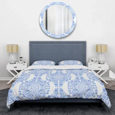 Design Art Blue Damask I - Abstract Duvet Cover Set - Microfiber Polyester In Blue;white