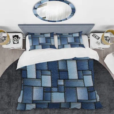 Design Art Blue Denim Patchwork - Abstract Duvet Cover Set - Microfiber Polyester