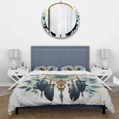 Design Art Blue Dream Catcher Minimalist Serenity I - Dream Catcher Duvet Cover Set - Microfiber Polyester In Blue;teal