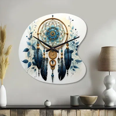 Design Art Blue Dream Catcher Minimalist Serenity I - Dreamcatcher Irregular Shape Metal Wall Clock, Traditiona In Blue;teal
