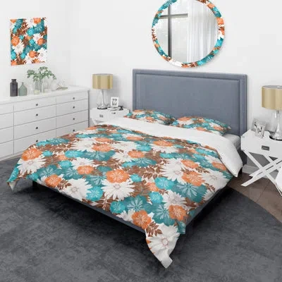 Design Art Blue Floral And Brown Leaf - Floral Duvet Cover Set - Microfiber Polyester In Blue,brown,orange
