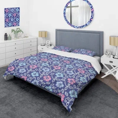 Design Art Blue Floral Flowers - Floral Duvet Cover Set - Microfiber Polyester In Navy,blue,pink