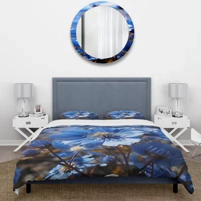 Design Art Blue Flower Cobalt Delight - Floral Duvet Cover Set - Microfiber Polyester In Blue;yellow