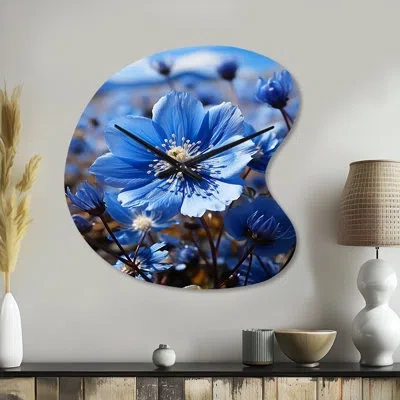 Design Art Blue Flower Cobalt Delight - Floral Unique Shape Metal Wall Clock, Traditional Asymmetrical Wall Clo In Blue;yellow