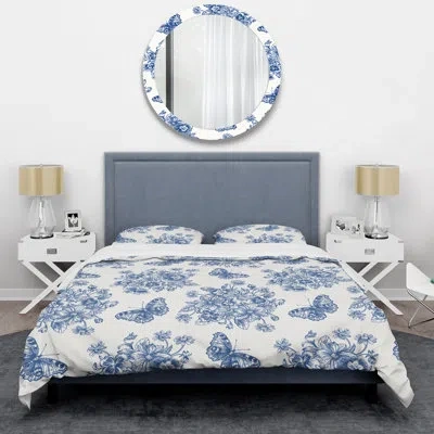 Design Art Blue Flowers And Butterflies I - Floral Duvet Cover Set - Microfiber Polyester In Blue;white