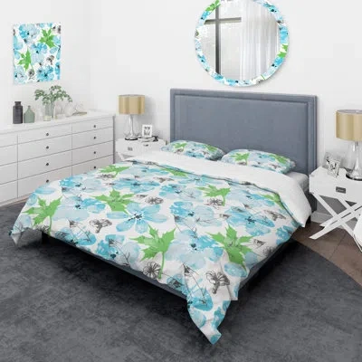 Design Art Blue Flowers And Green Leaf - Floral Duvet Cover Set - Microfiber Polyester In Blue,green