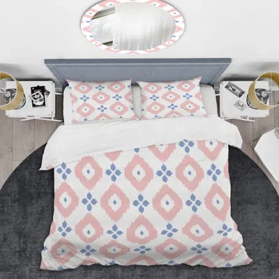 Design Art Blue Flowers Geometric Duvet Cover Set In Pink,blue,white