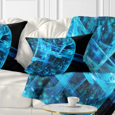 Design Art Blue Fractal Cube In Dark - Abstract Printed Throw Pillow