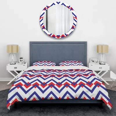 Design Art Blue Geometric Chevron - Abstract Duvet Cover Set - Microfiber Polyester In Red
