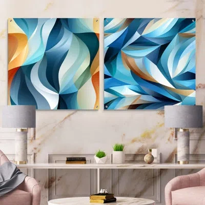 Design Art Blue Geometric Wave Tranquility - Abstract Geometric Acrylic Wall Art Glass Set Of 2 In Multicolor