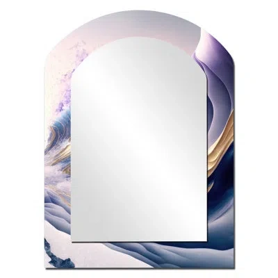 Design Art Blue, Gold And Purple Splash Paint Iv - Abstract Spirals Asymmetrical Large Wall Mirror, Modern Arch In Gold;blue