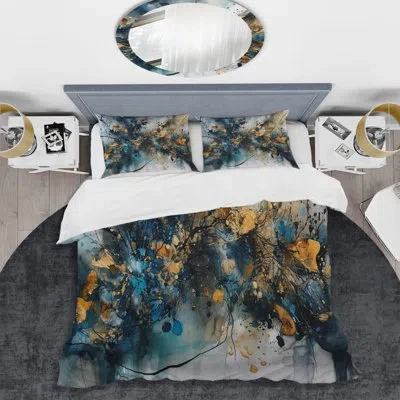 Design Art Blue Gold Captivating Liquid Ink - Abstract Marble Duvet Cover Set - Microfiber Polyester In Blue;gold