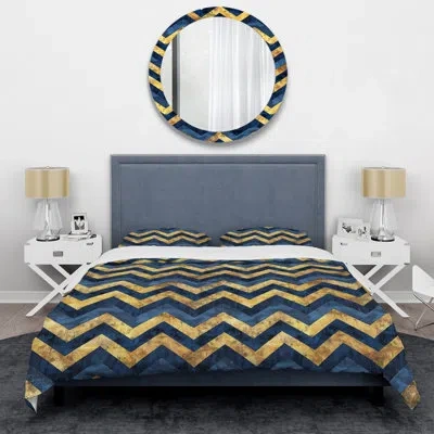 Design Art Blue Gold Chevron Glam Ii - Chevron Duvet Cover Set In Blue;navy