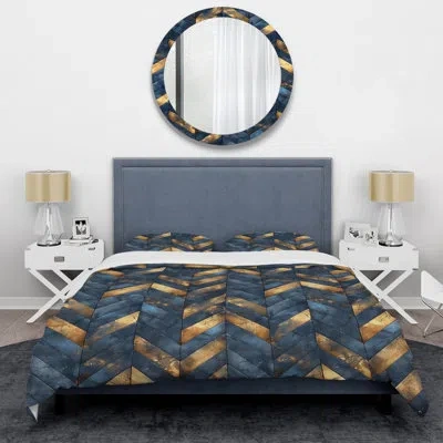 Design Art Blue Gold Chevron  Glamour Vi - Transitional Duvet Cover Set In Blue;gold