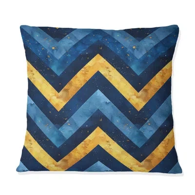 Design Art Blue Gold Chevron Patterns Iv - Modern Throw Pillow In Blue;gold