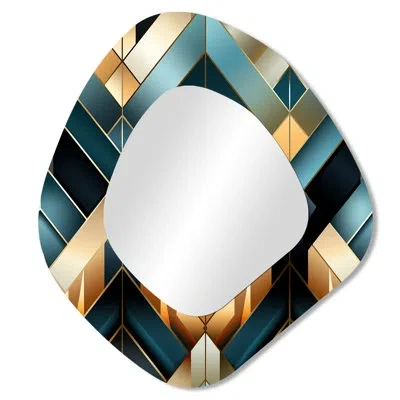 Design Art Blue Gold Deco Glamour Chevron Pattern - Chevron Asymmetrical Large Mirror, Glam Unique Shape Decora In Blue;golden