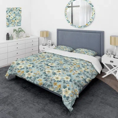 Design Art Blue Gold Floral Gardens I - Transitional Duvet Cover Set In Blue;gold