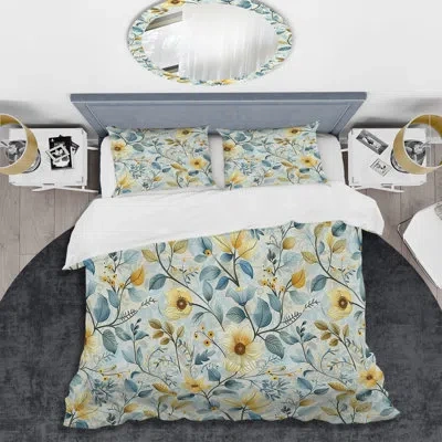 Design Art Blue Gold Floral Gardens Ii - Transitional Duvet Cover Set In Blue;gold