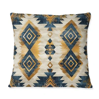 Design Art Blue Gold Geometric Retro Navajo Ii - Geometric Retro Throw Pillow In Blue;gold