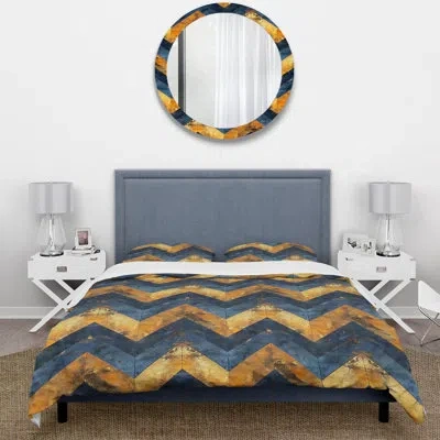 Design Art Blue Gold Glamour Chevron Ii - Midcentury Duvet Cover Set In Blue;gold